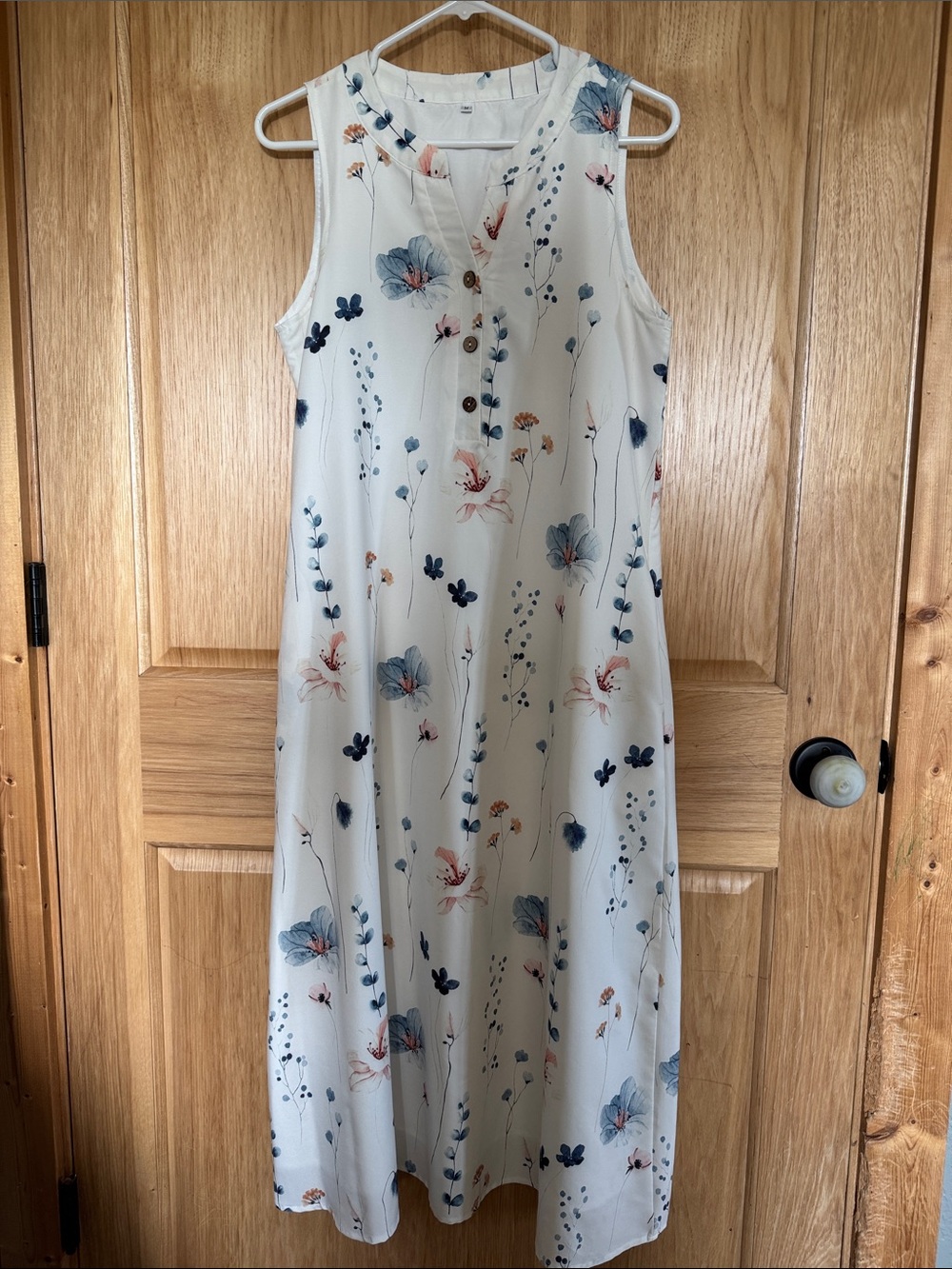 Sleeveless Floral Maxi Dress in Cream with Blue & Coral Flowers